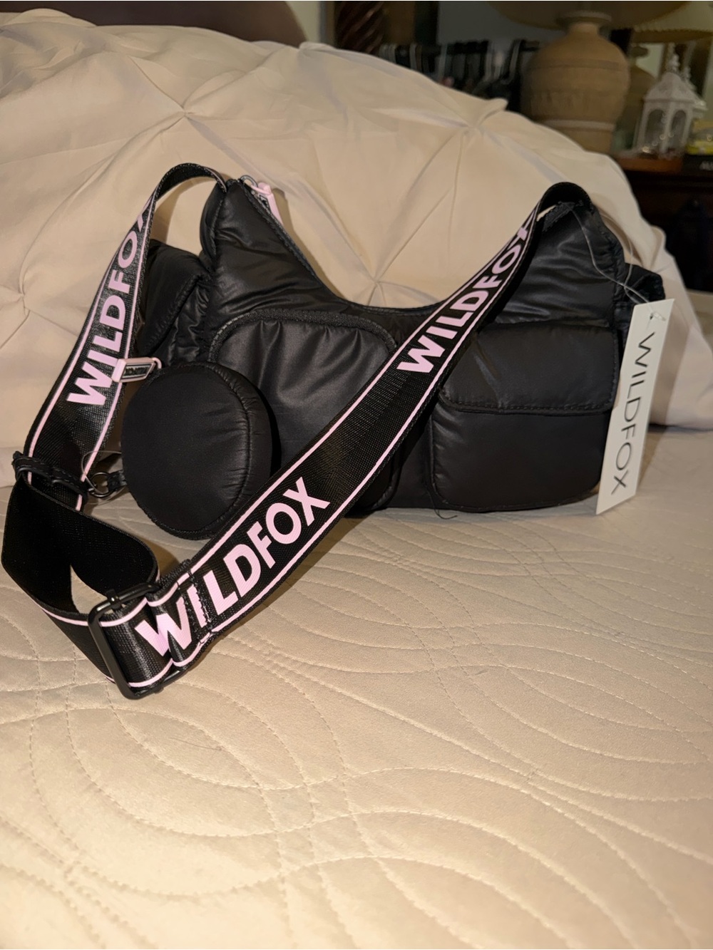 👩🏻‍⚖️Wildfox Black Quilted Cargo Crossbody Bag with Pink Logo Strap